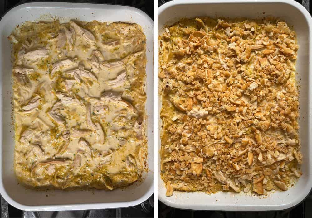 Two photos; one shows partially baked chicken and noodle casserole; the other shows the cracker topping over the casserole.