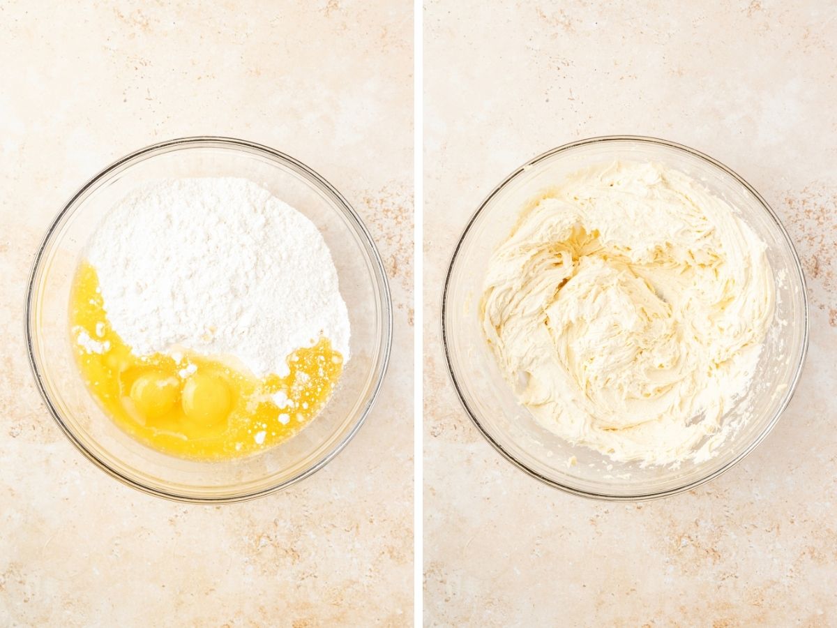 Two photos; one shows cake mix, eggs, and melted butter in a mixing bowl; the other shows the ingredients beaten together to form a cookie dough batter.