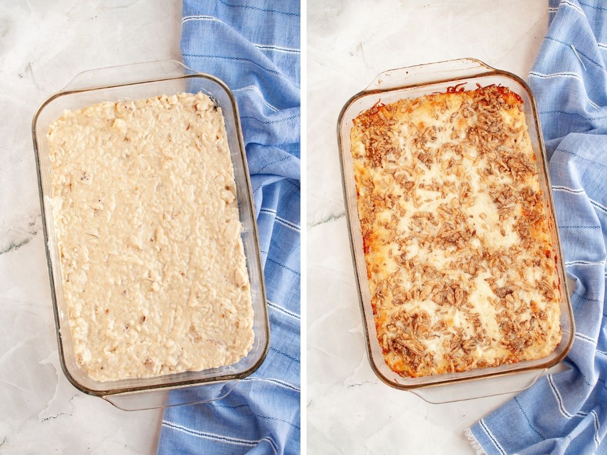 Two photos; one shows the chicken and rice mixture in a baking dish; the other shows the final casserole after baking and being topped with cheese and fried onions.