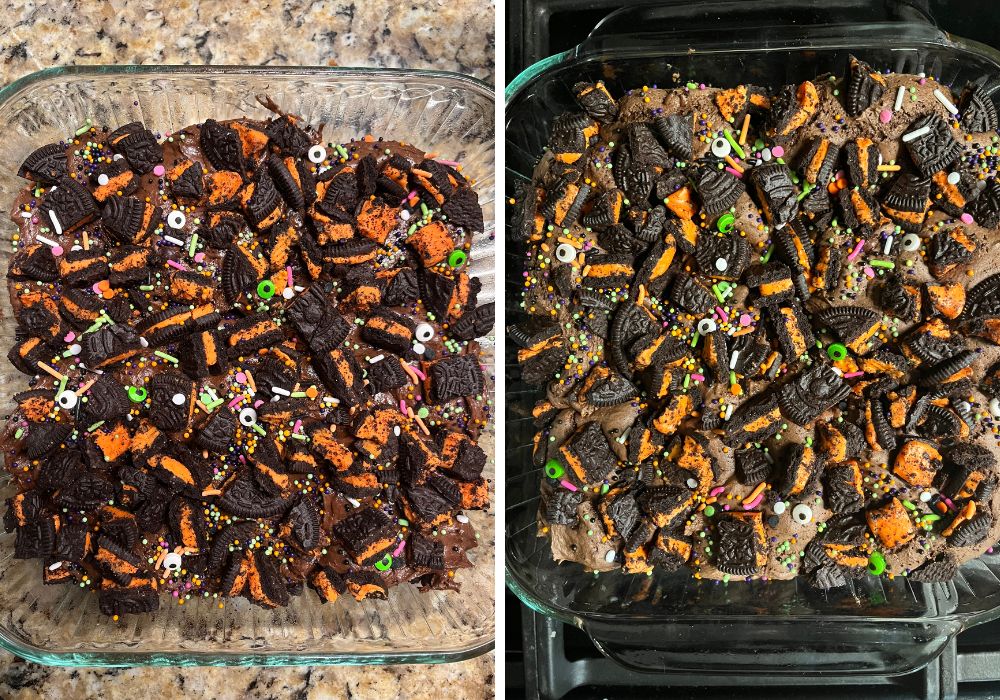 Two photos; one shows Oreos and sprinkles over the top of the batter; the other shows the pan after the bars have been baked.