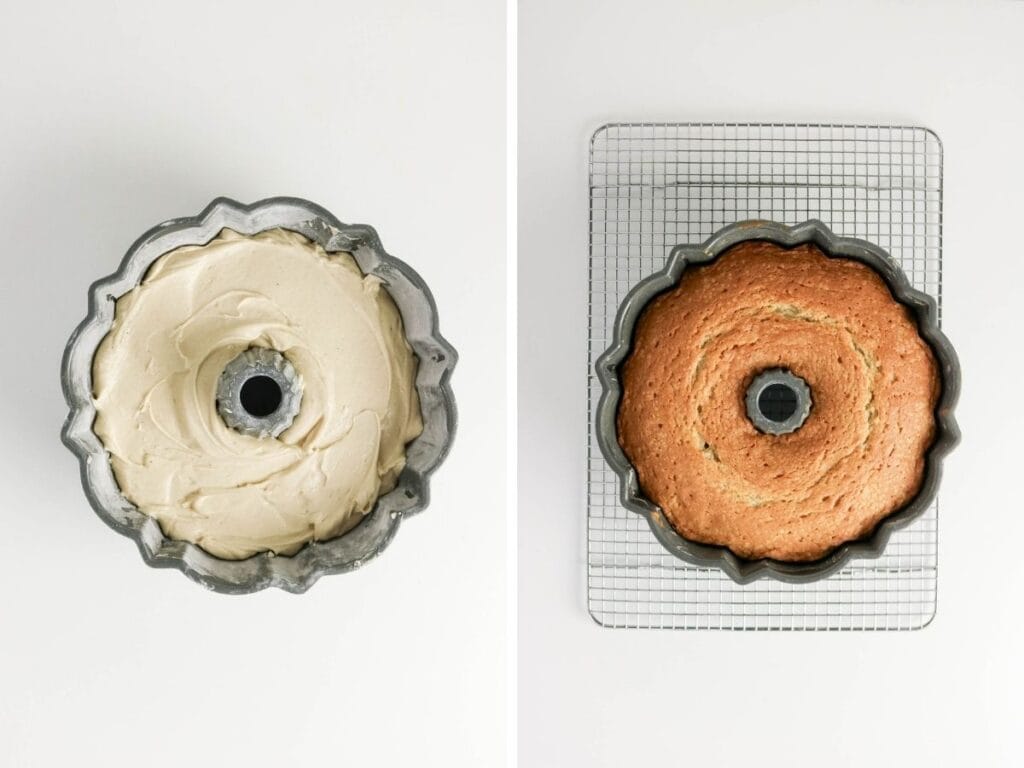 Two photos; one shows eggnog pound cake batter in a prepared bundt pan; the other shows the freshly baked eggnog pound cake still in the pan.