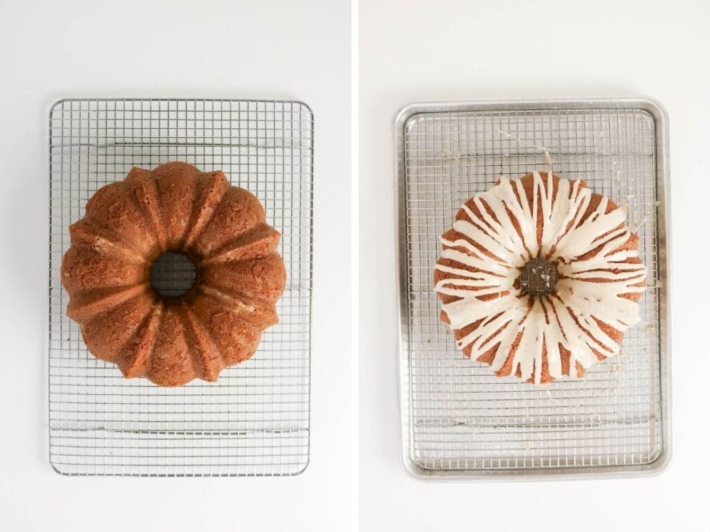 Two photos; one shows an eggnog pound cake on a wire rack; the other shows the cake drizzled with eggnog glaze.