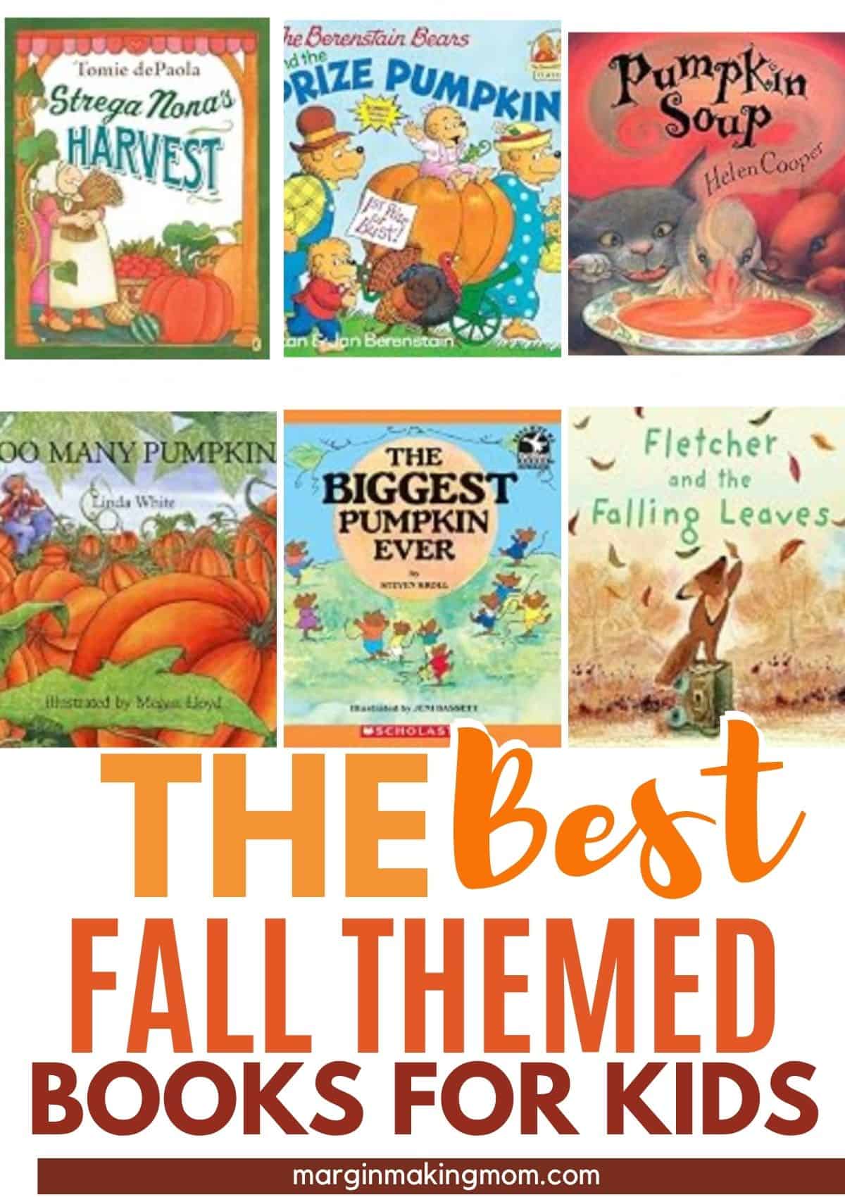 Collage image featuring several fall picture books for kids
