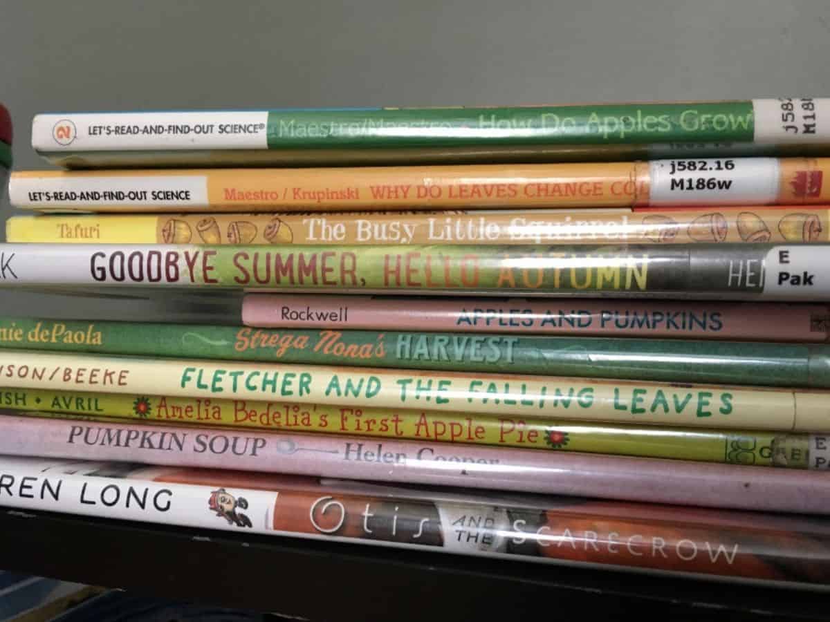 A stack of several fall picture books that are great for kids to read on their own or for read-aloud time.