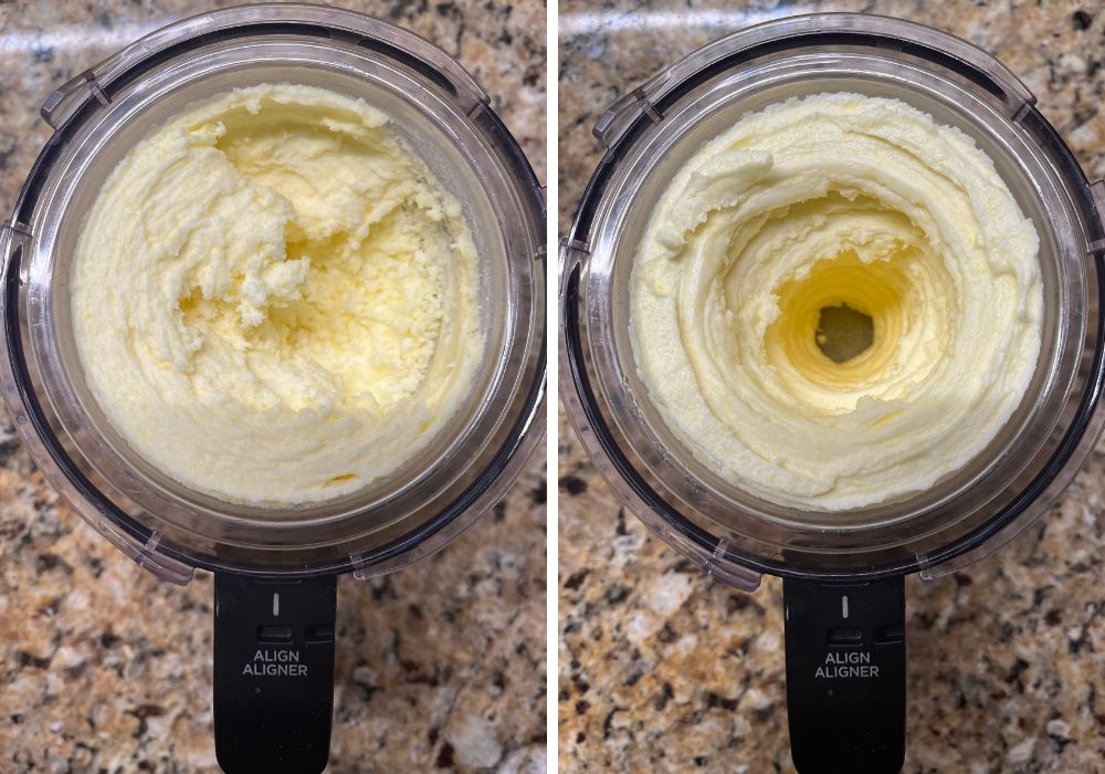 Two photos; one shows lemon sorbet after the first spin in the Ninja Creami; the other shows the sorbet after a second spin.