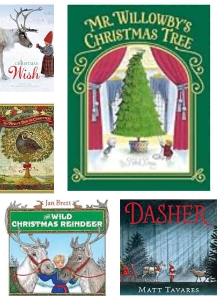 Collage image featuring several Christmas books for kids.