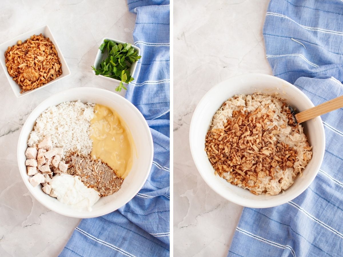 Two photos; one shows chopped chicken, ,cooked rice, cream of chicken soup, french onion dip, and onion soup mix in a bowl. The other shows the ingredients mixed together, with some crispy fried onions and shredded cheese added to the bowl.