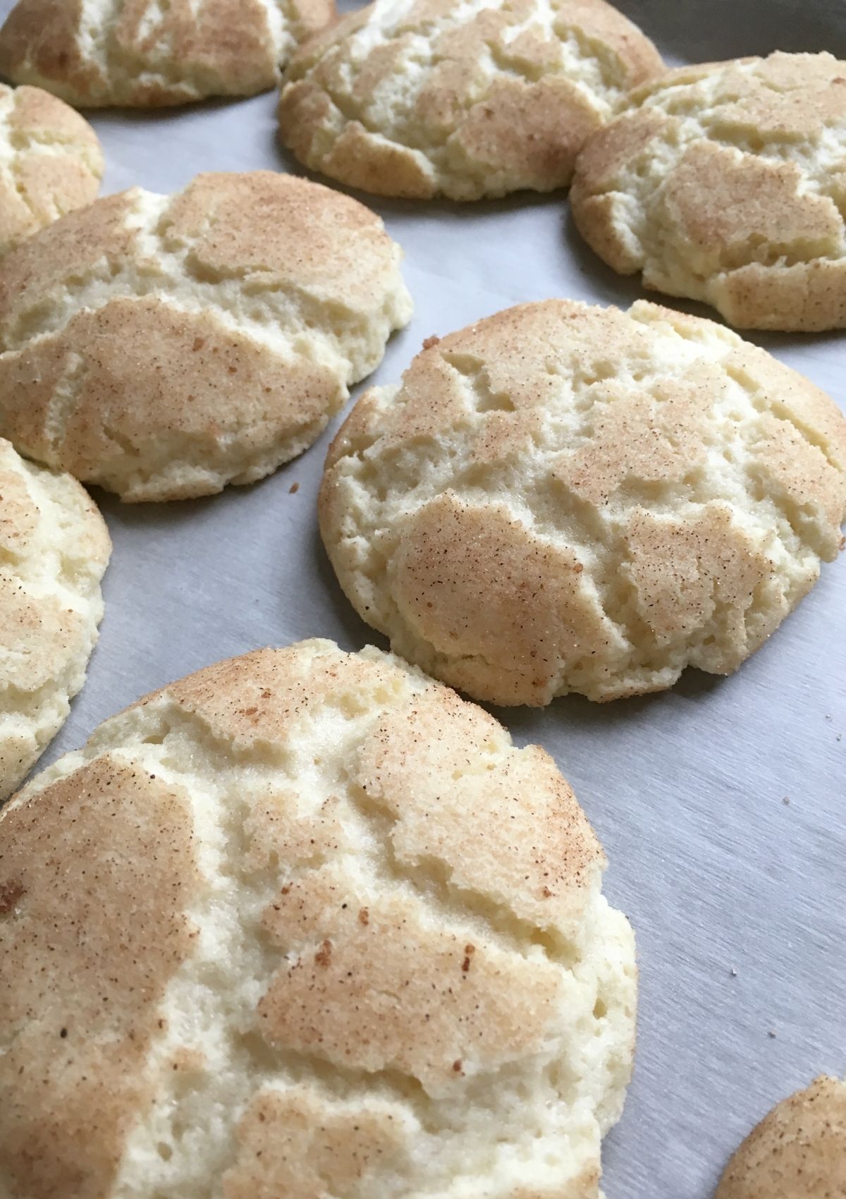 Freshly baked snickerdoodle cookies that are crinkled and slightly puffed up.