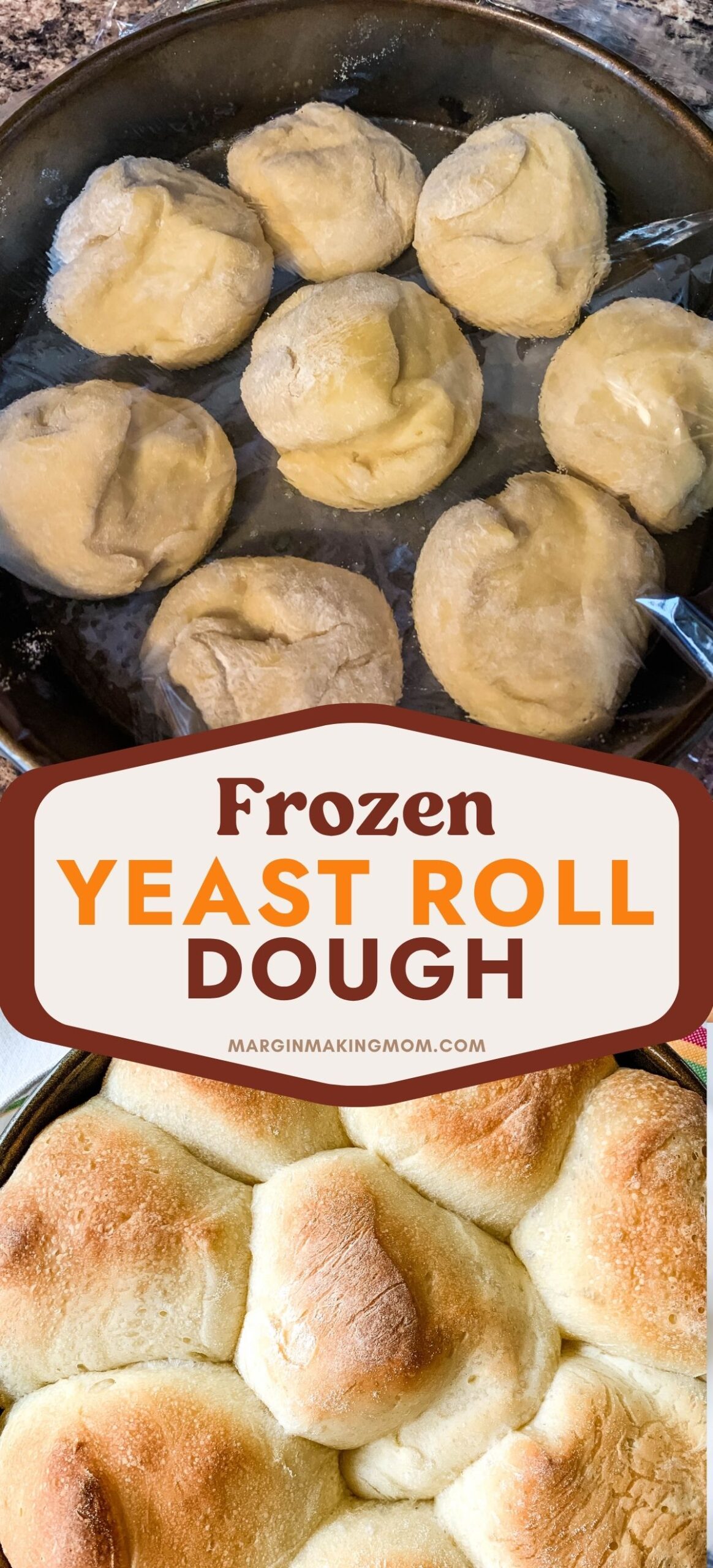 Two photos; one shows frozen yeast roll dough in a round pan; the other shows the rolls after being baked.