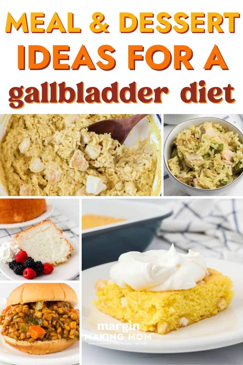 Collage image featuring several foods that are low-fat or fat-free, suitable for a gallbladder diet.
