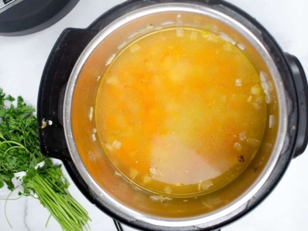 Onions, celery, garlic, broth, chicken, and seasonings in the insert pot of the Instant Pot, ready to be cooked for chicken and dumplings