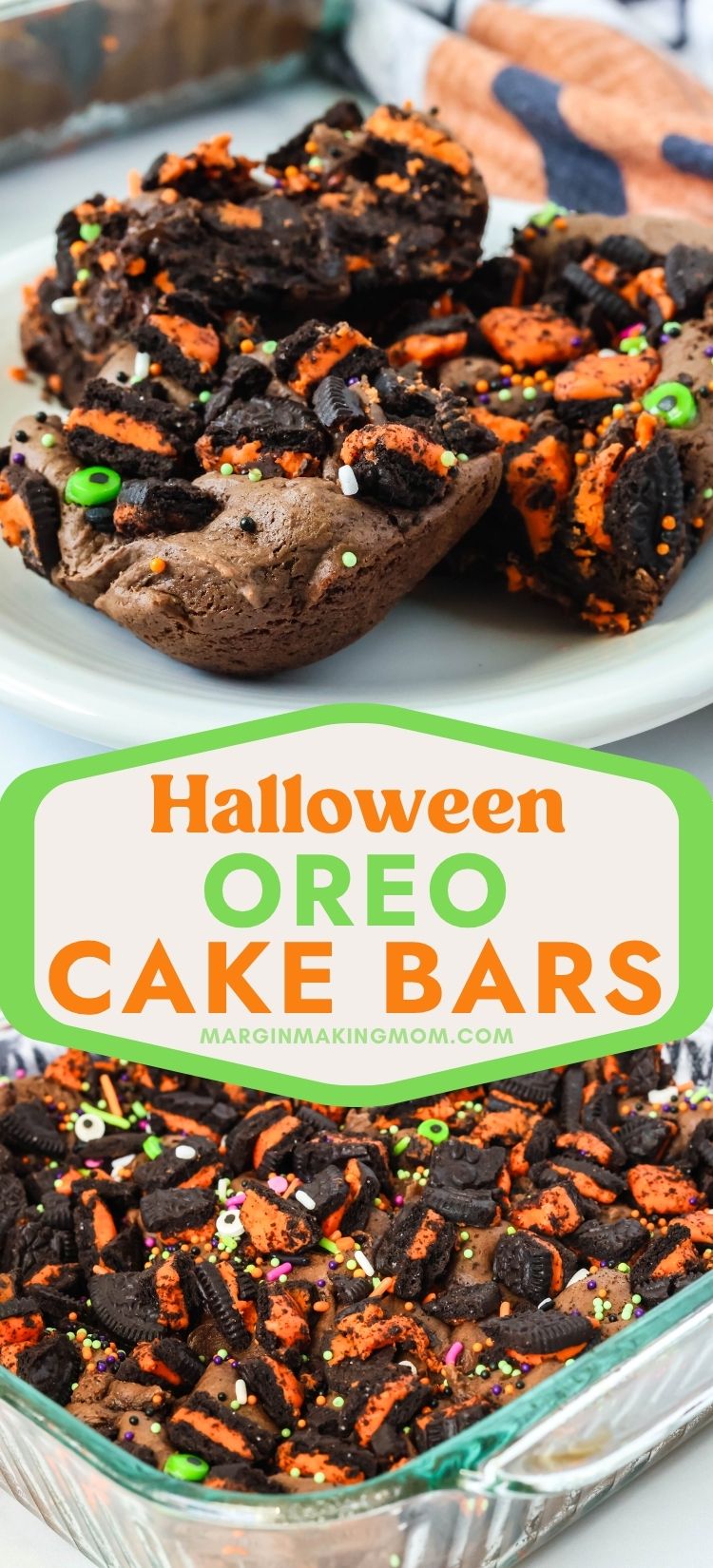 two photos; one shows three Halloween Oreo cake bars on a white plate; the other shows the baking pan of cake bars made with Halloween Oreos.