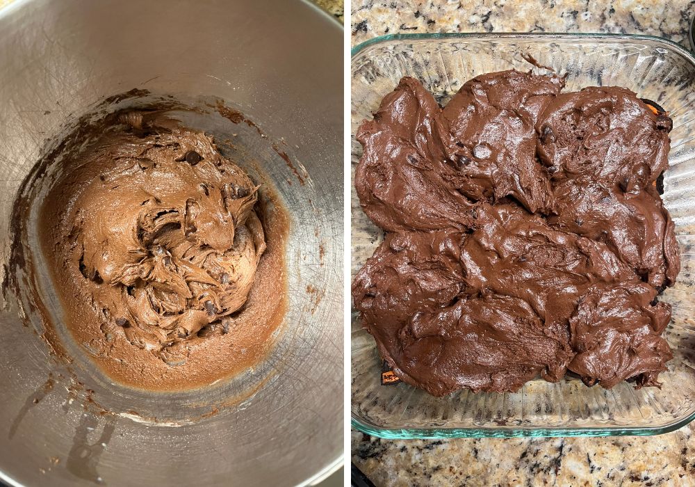 two photos; one shows the batter in a mixing bowl; the other shows the batter spread over the Oreo pieces.