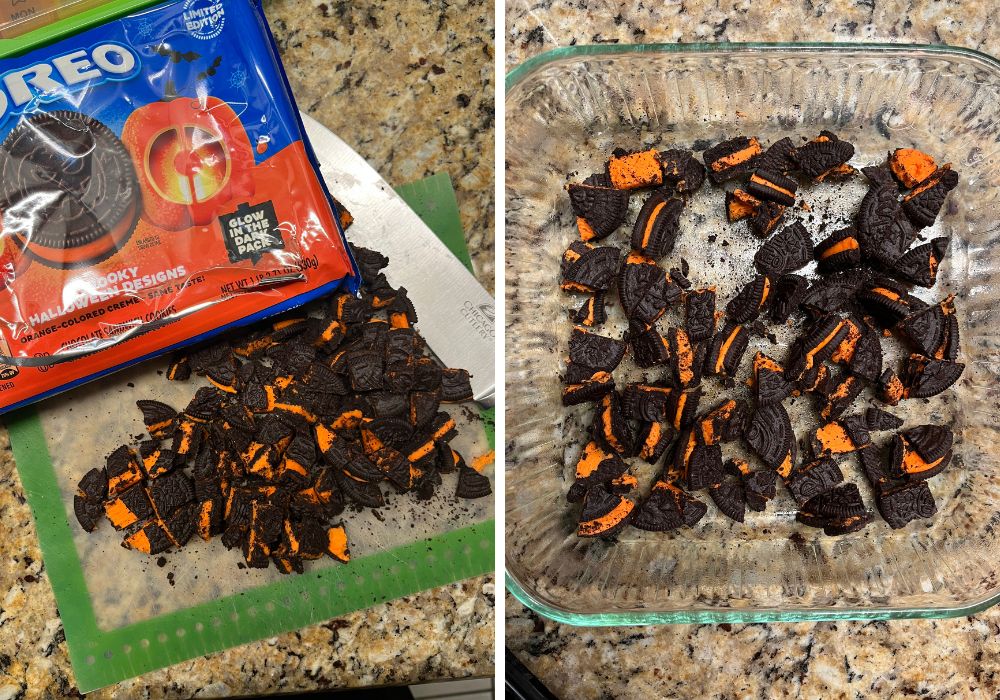 two photos; one shows chopped Halloween Oreos on a cutting board; the other shows the cookie pieces int he bottom of a glass baking dish.