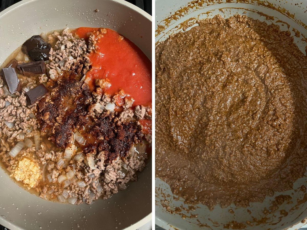 Two photos; one shows ground beef, broth, seasonings, chocolate, and tomato sauce in a skillet. The other shows the skillet full of cooked Cincinnati chili that's been blended with an immersion blender.