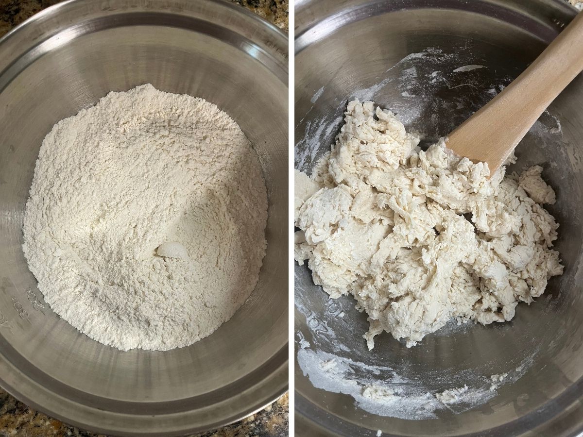 Two photos; one shows dry ingredients in a bowl; the other shows a shaggy dough for making homemade rolled dumplings.