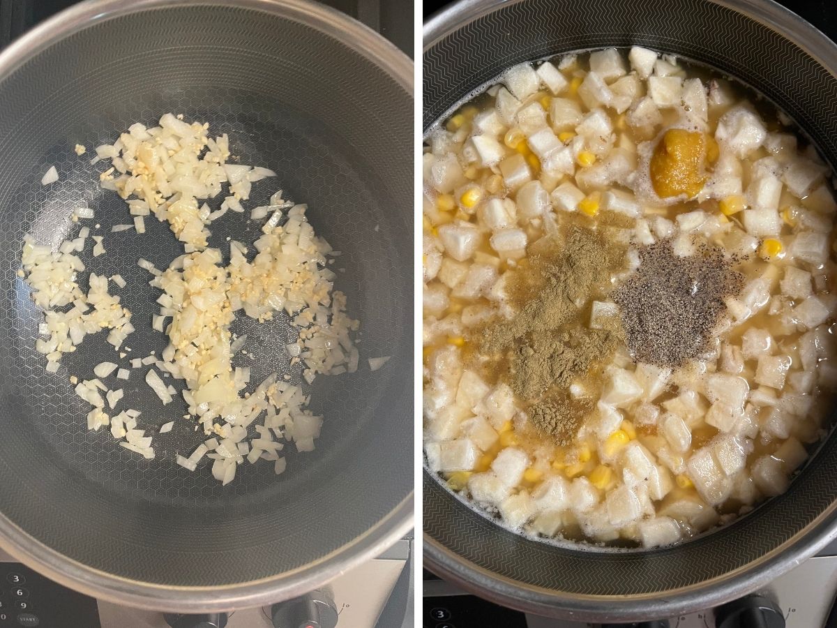 Two photos; one shows onions and garlic cooked in olive oil in the pot; the other shows the remaining soup ingredients added to the pot.
