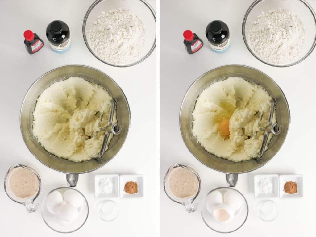 Two photos; one shows butter and sugar creamed together in a mixing bowl, with other ingredients surrounding the bowl. The other shows an egg added to the butter and sugar in the bowl.