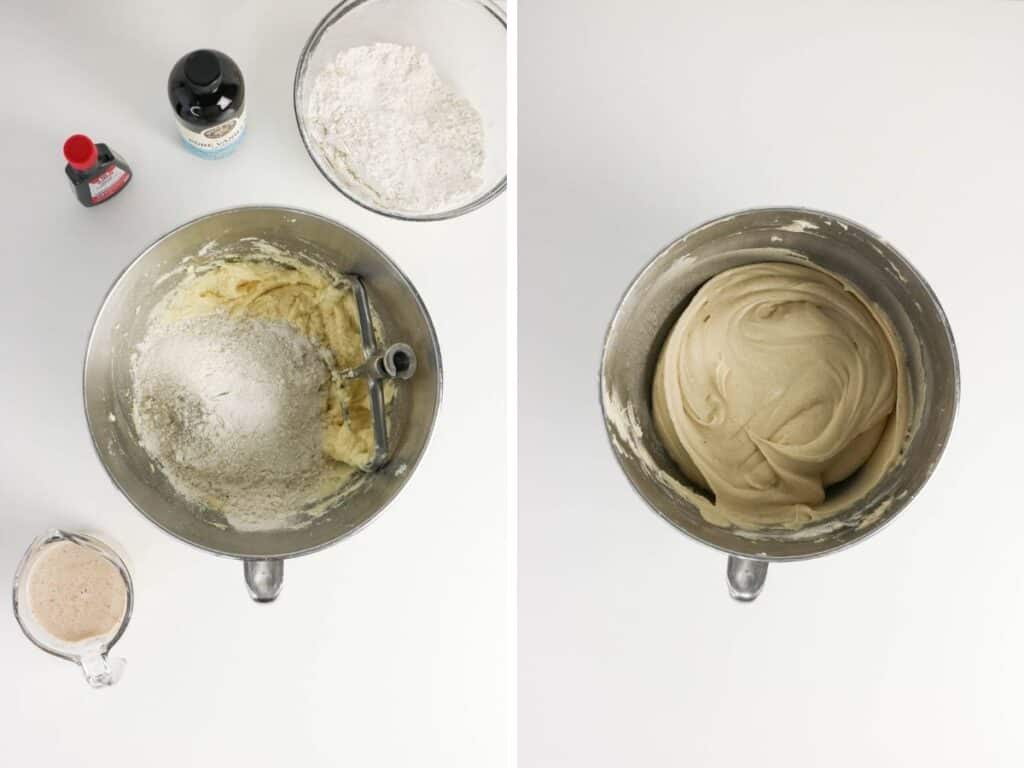 Two photos; one shows dry ingredients added to the mixing bowl; the other shows the finished batter after alternating dry ingredients and eggnog.
