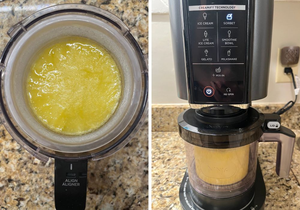 Two photos; one shows frozen lemon sorbet base in a Ninja Creami pint container; the other shows the container in the machine.