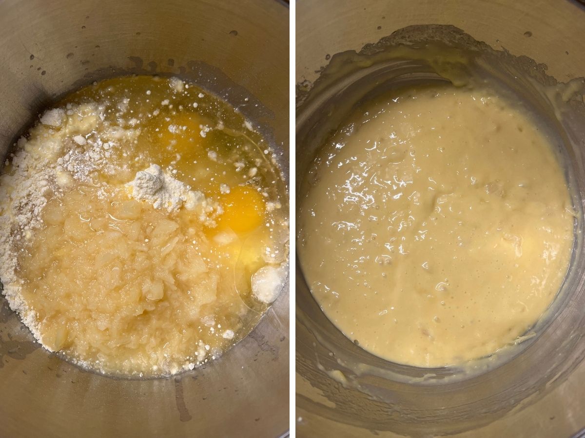 Two photos; one shows lemon cake mix, oil, eggs, and crushed pineapple in a mixing bowl; the other shows the ingredients mixed together to create the cake batter.