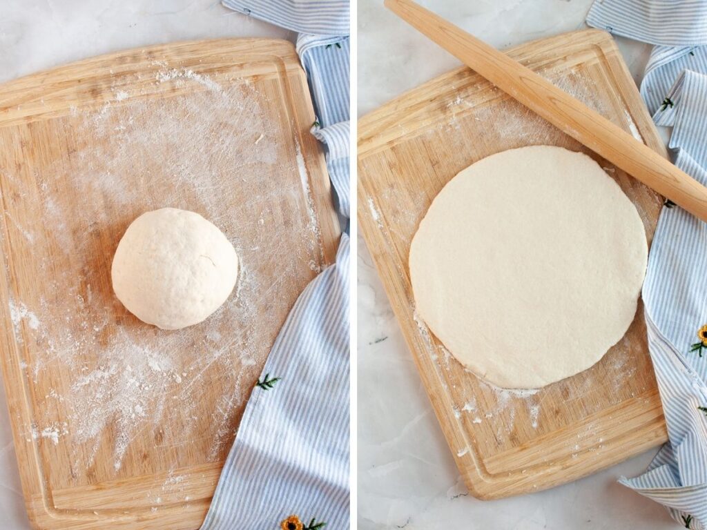 Two photos; one shows a round ball of pizza dough made with Bisquick on a flour-dusted cutting board; the other shows the dough rolled out into a circle.