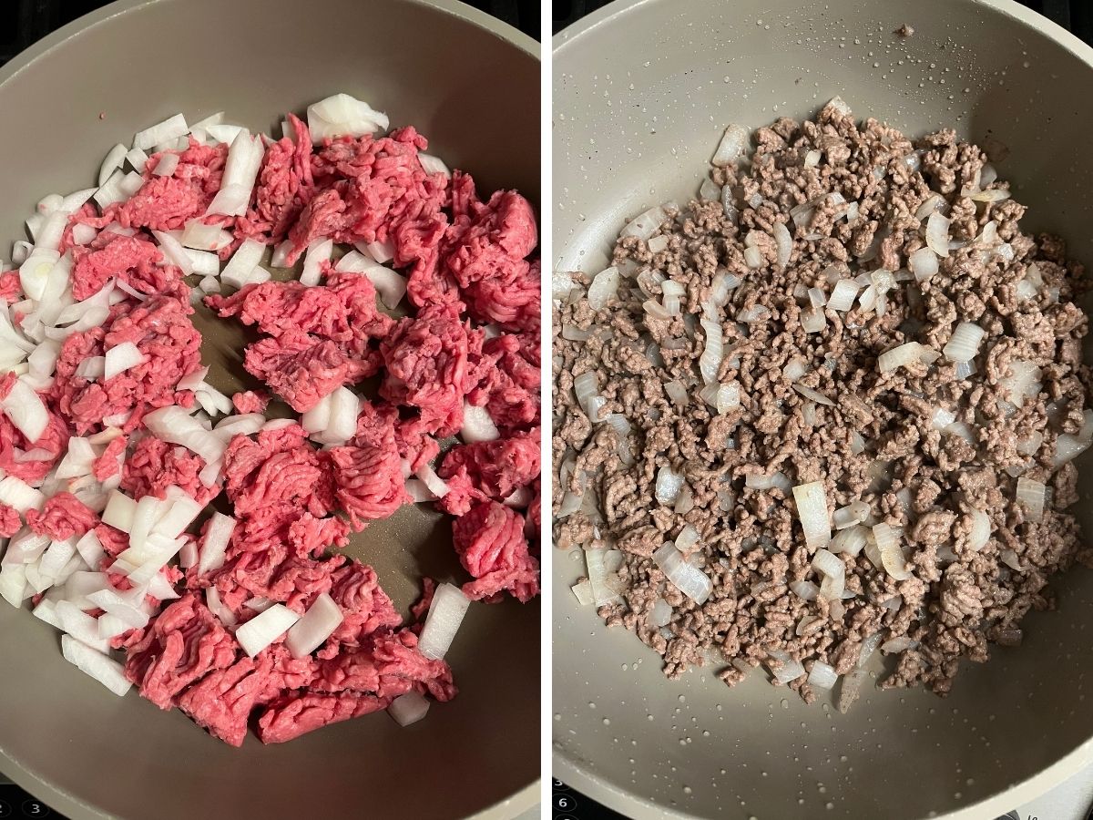 Two photos; one shows raw ground beef and diced onions in a skillet; the other shows the beef and onions cooked.