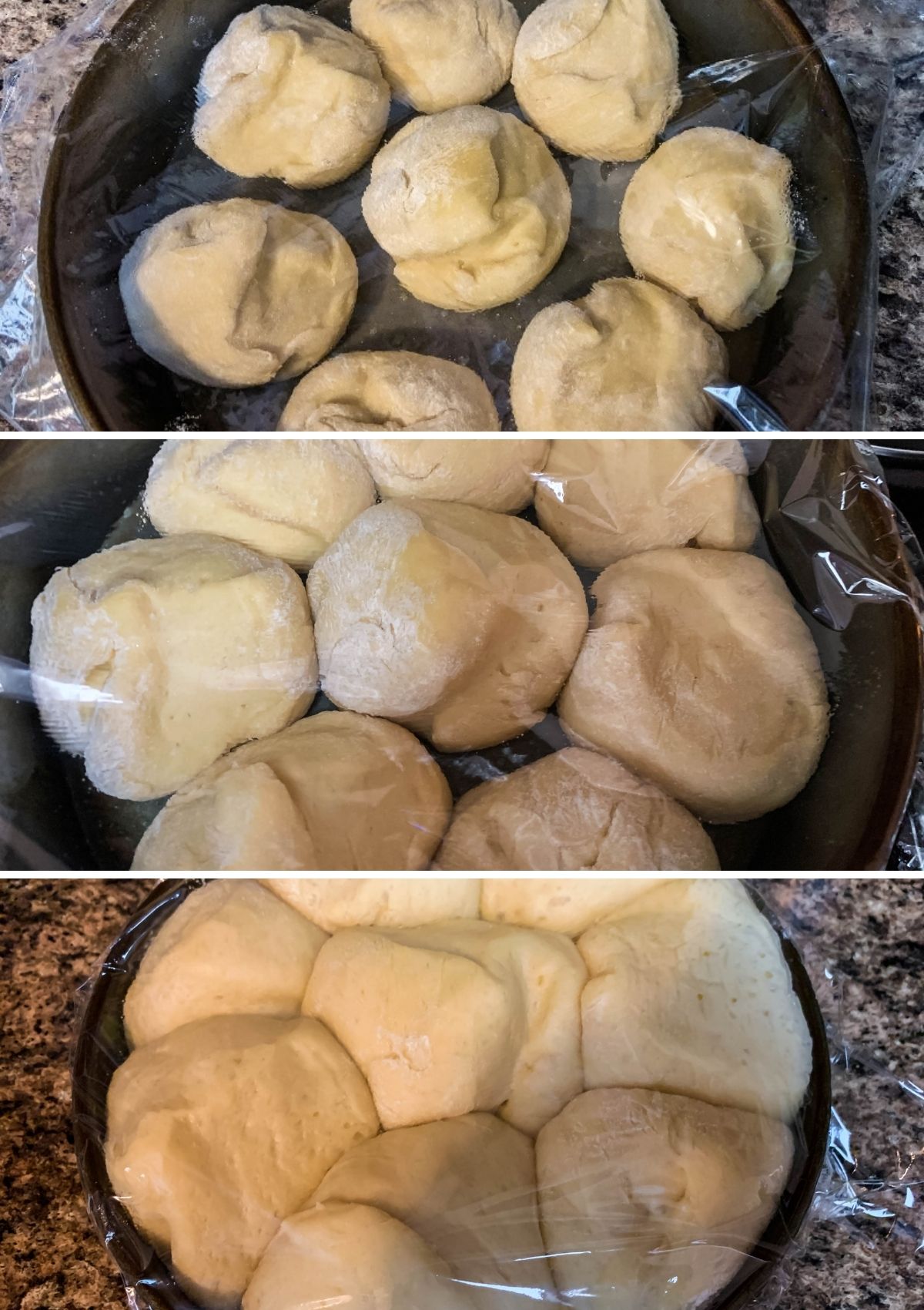 Three photos; one shows frozen yeast roll dough in a pan; the other shows the dough thawed and partially risen; the third photo shows the dough after rising to double their size.