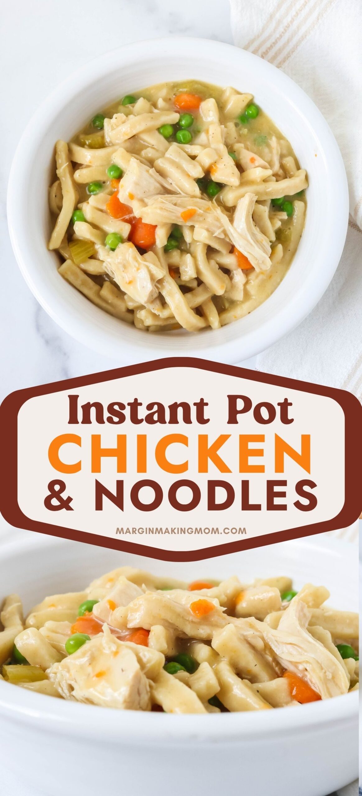 Two photos; one is an overhead view of a white bowl filled with chicken and noodles made with frozen noodles; the other is a side view of the bowl showcasing the tender noodles and chunks of chicken.