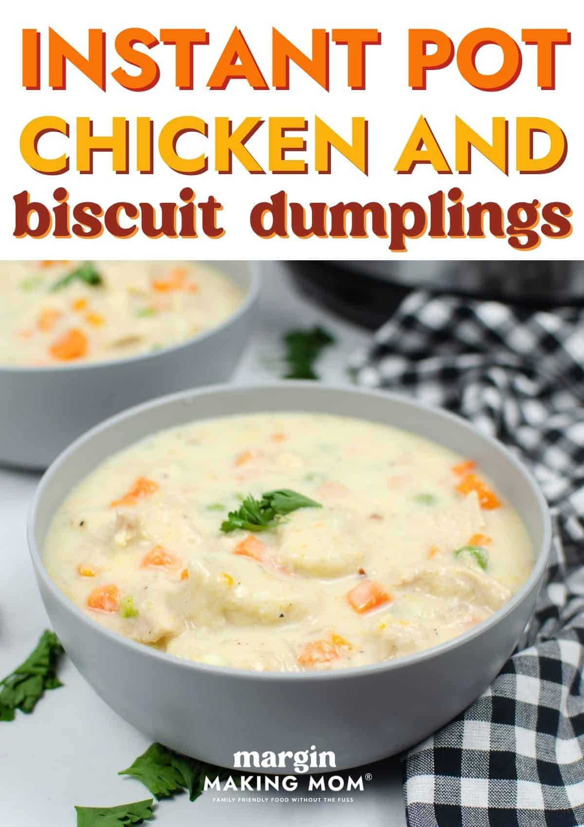A gray bowl filled with Instant Pot chicken and dumplings made with canned biscuits is in the foreground, with another bowl in the background.