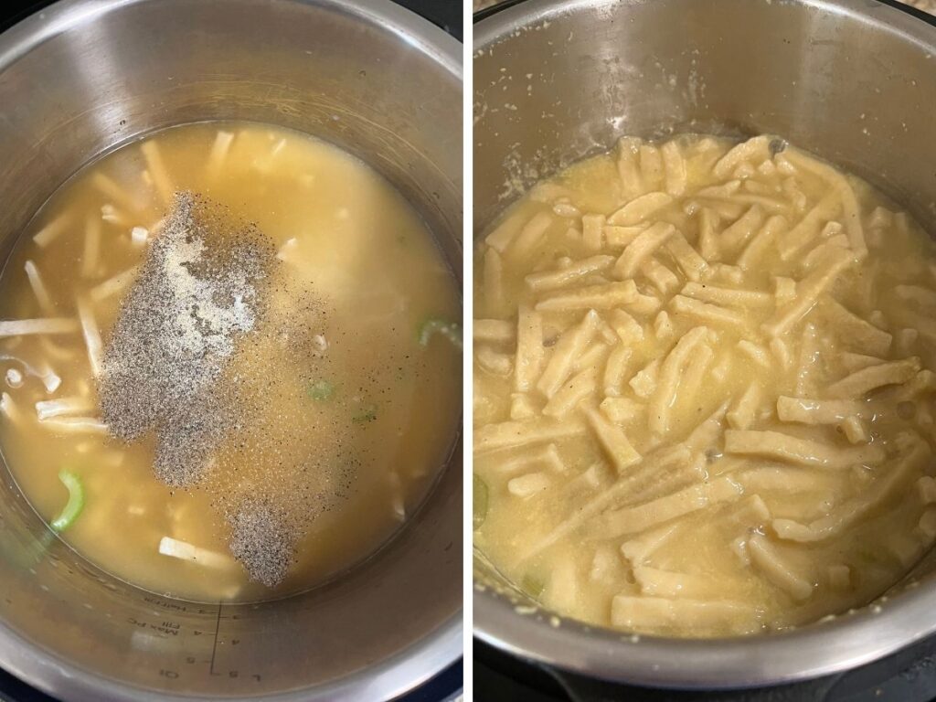 Two photos; one shows seasonings, cream of chicken, water, and bouillon added to the pot; the other shows the noodles right after cooking.