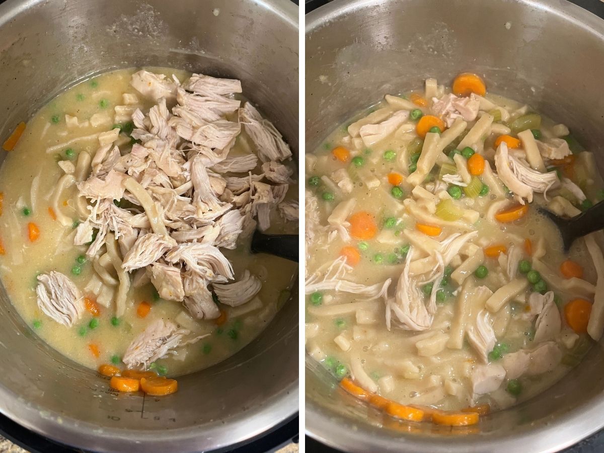 Two photos; one shows shredded chicken added back to the pot; the other shows everything stirred together.