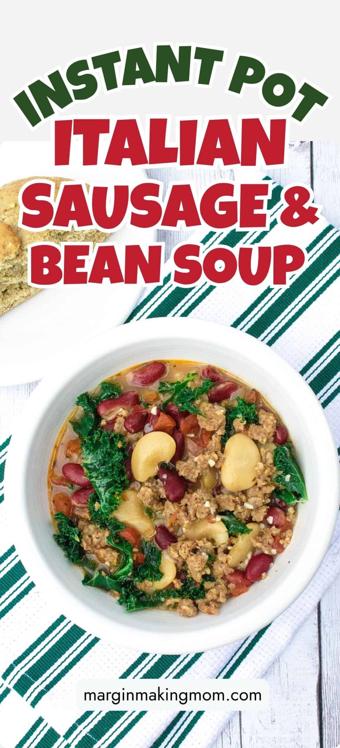 Overhead view of a white bowl of Italian sausage and bean soup cooked in the Instant Pot.