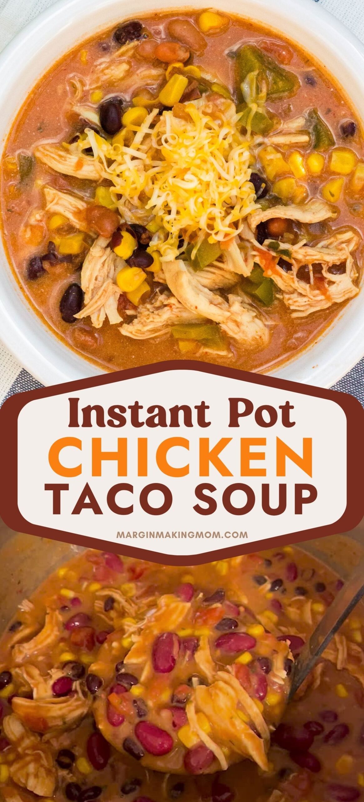 Two photos; one shows a white bowl of chicken taco soup; the other shows a ladle scooping some of the taco soup from the pot.