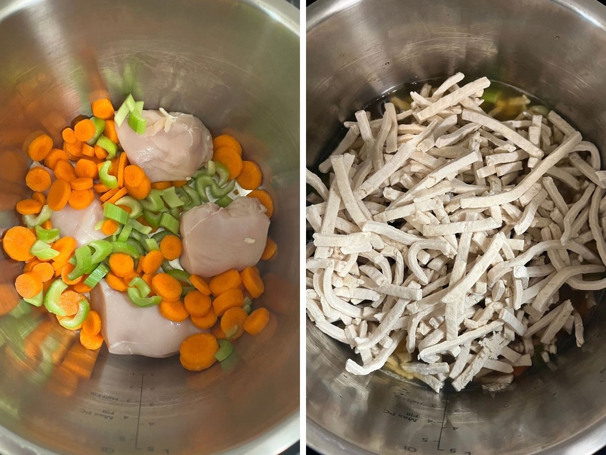 Two photos; one shows chicken breast pieces, carrots, and celery in the insert pot of the Instant Pot; the other shows frozen noodles and broth added to the pot.