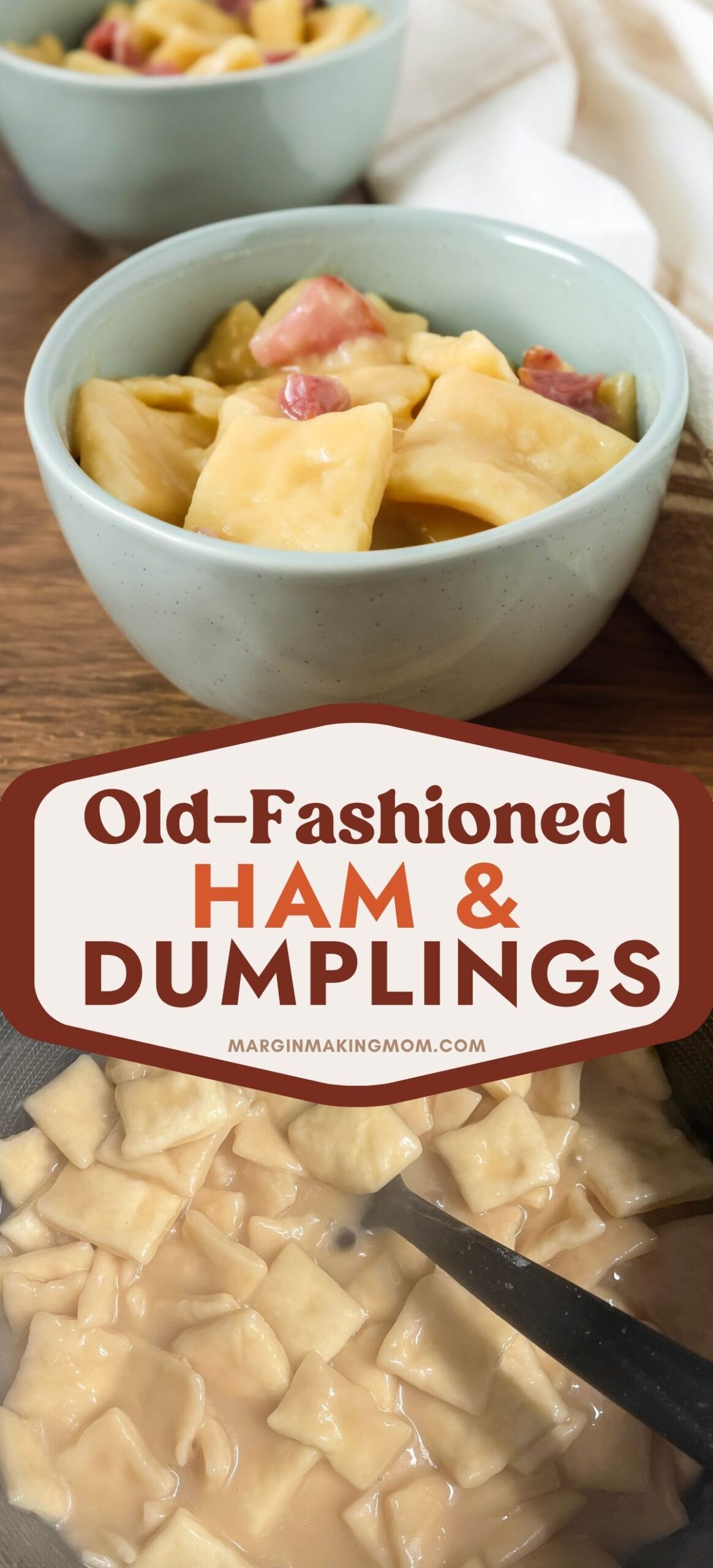 Two photos; one shows ham and dumplings made with leftover ham, served in blue bowls. The other shows the ham and dumplings in a stockpot.