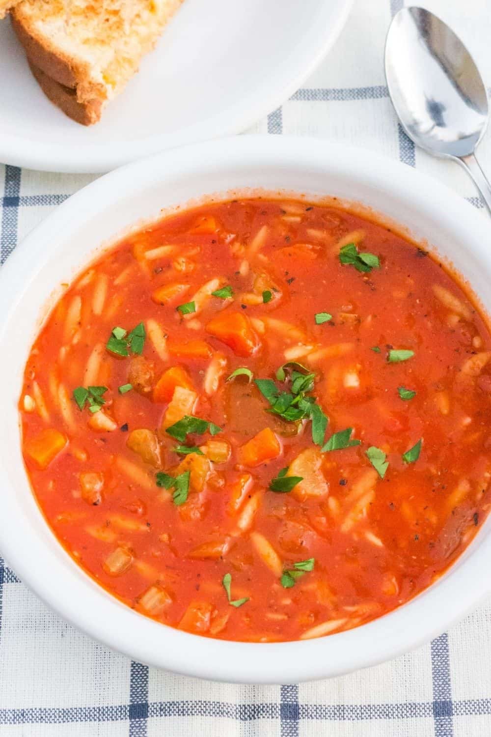 vegetable soup that's low fat, served in a white bowl.