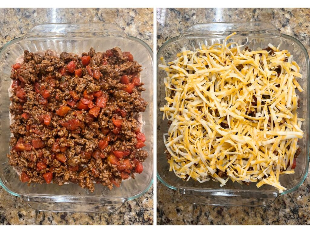 Two photos; one shows ground beef and tomato mixture spread over the refried bean mixture in the baking dish; the other shows shredded cheese sprinkled on top of the beef mixture.