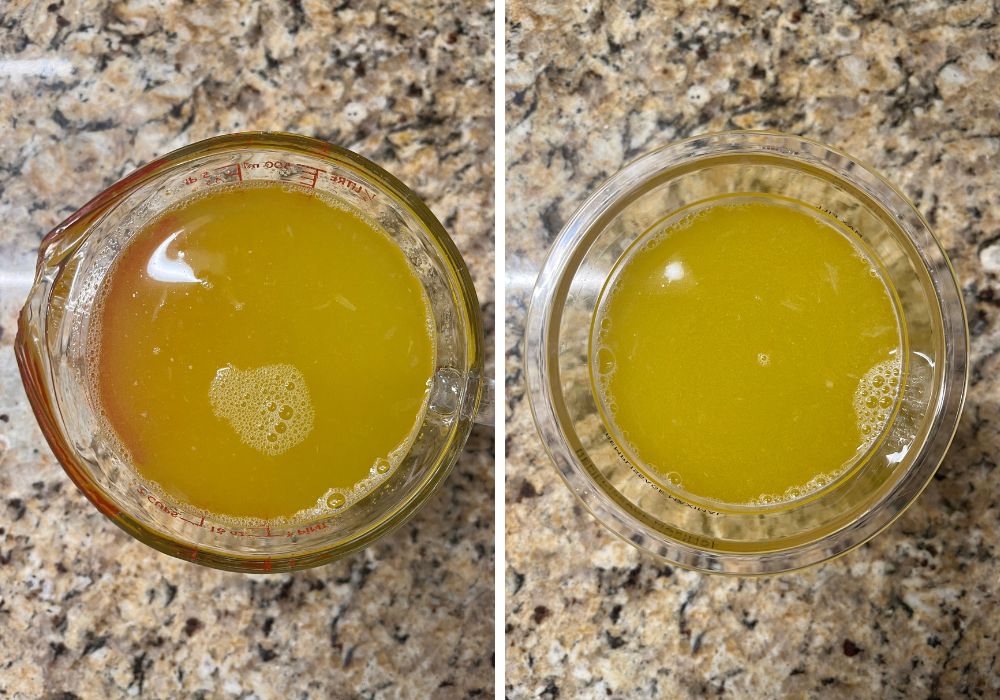 Two photos; one shows lemonade and lemon Jell-O mixed together in a liquid measuring cup; the other shows the mixture in a Ninja Creami pint container.