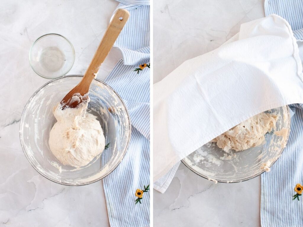 Two photos; one shows the round of pizza dough in a glass bowl; the other shows the bowl with a white kitchen towel over the top.