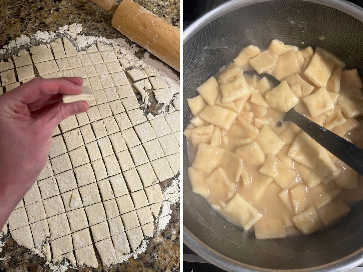 Two photos; one shows a hand holding a rolled dumpling, showing the thickness of the dough. The other shows the dumplings cooking in broth in a pot.