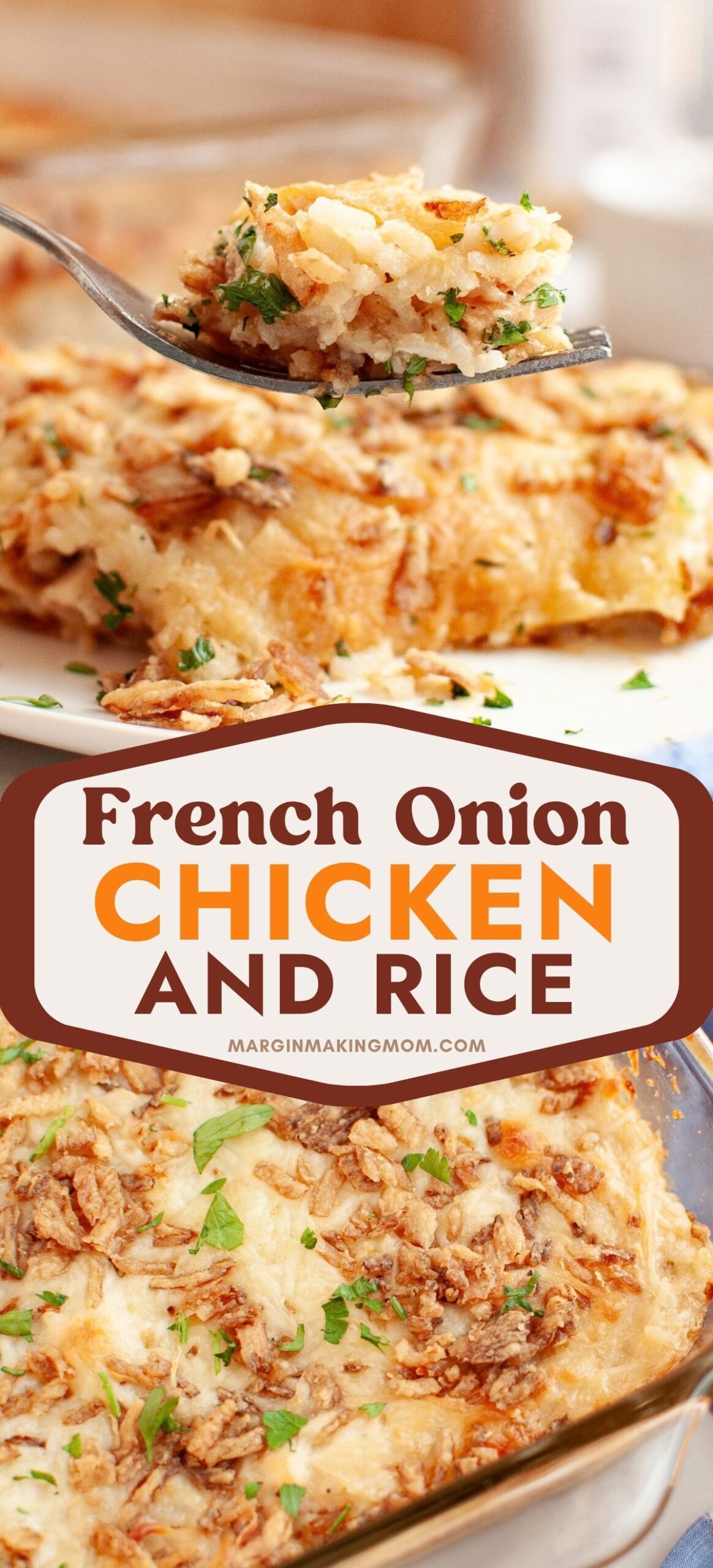 Two photos; one shows a fork lifting a bite of onion soup chicken and rice; the other shows part of the baking dish filled with the casserole.