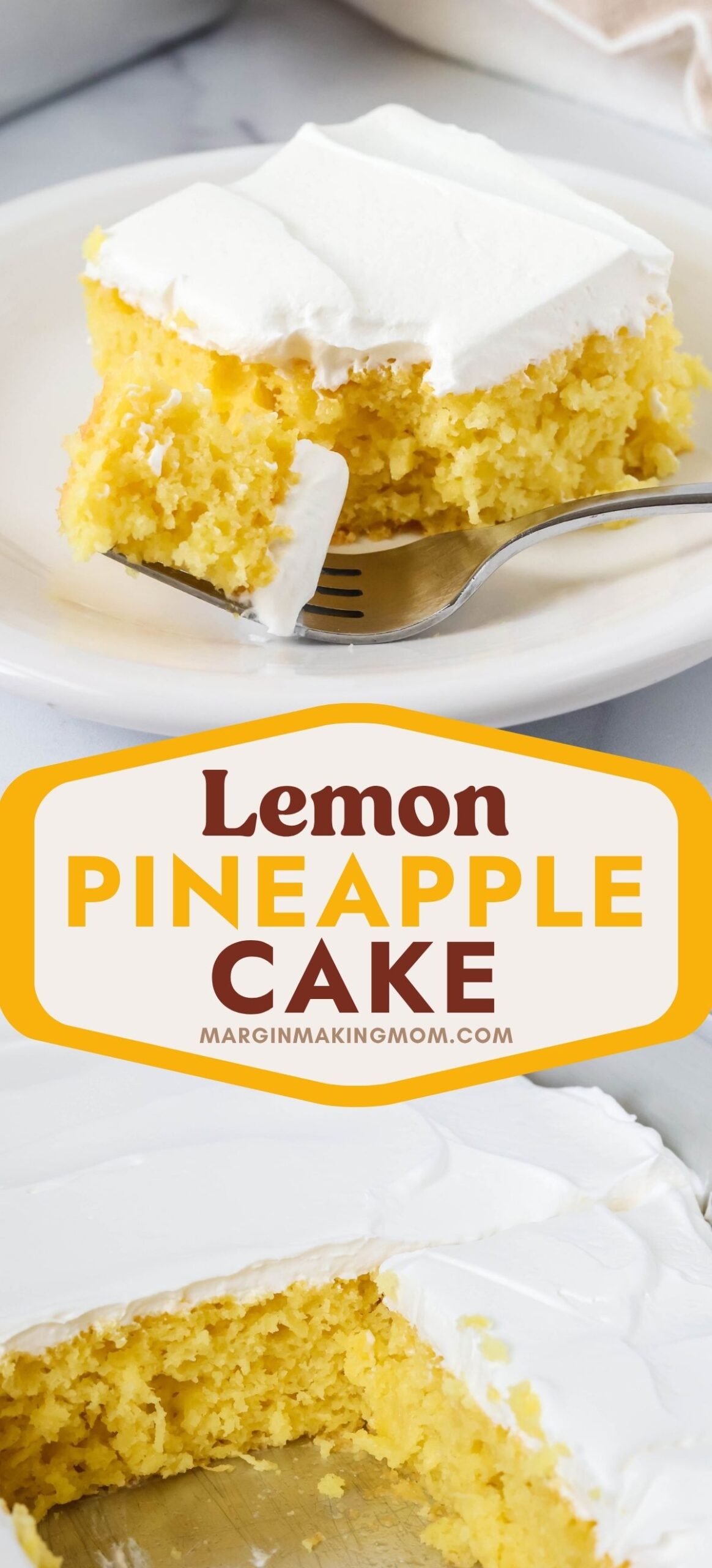 Two photos; one shows a slice of pineapple lemon cake with a bite cut out of it by a fork; the other shows the pan of lemon pineapple cake with some slices removed.