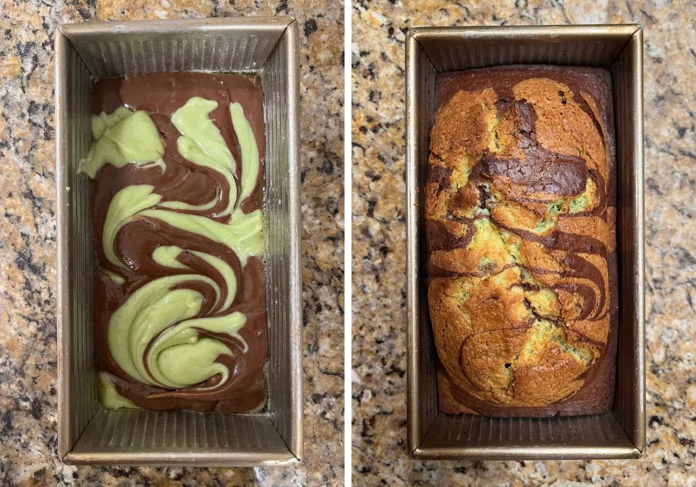 Two photos; one shows marbled batter in a loaf pan; the other shows the loaf in the pan after baking.