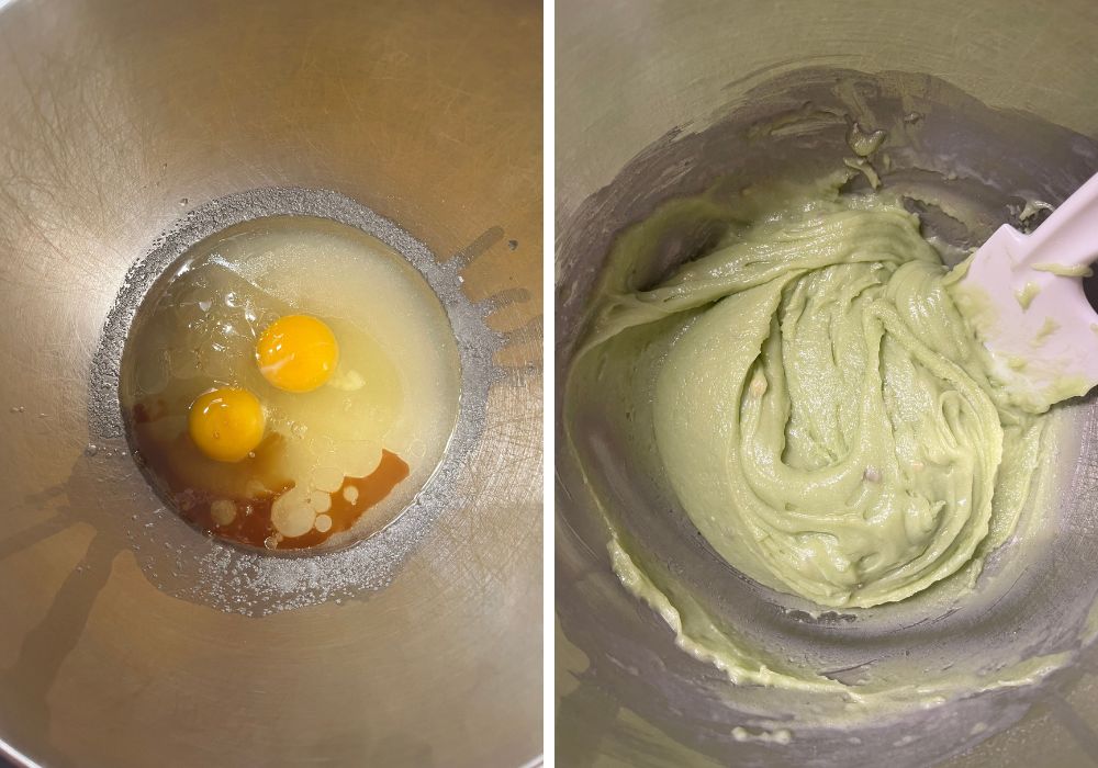 Two photos; one shows wet ingredients in a mixing bowl; the other shows a pistachio quick bread batter in a mixing bowl.