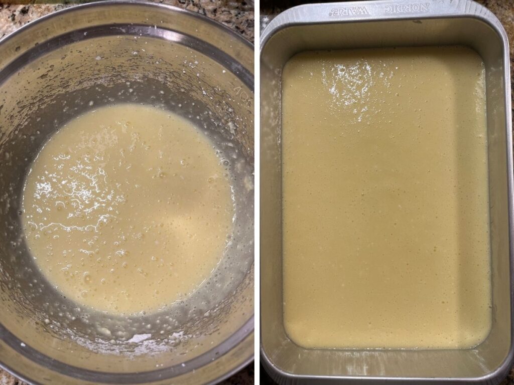 Two photos; one shows egg and cream cheese mixture in a bowl; the other shows it poured over the crust mixture in the pan.
