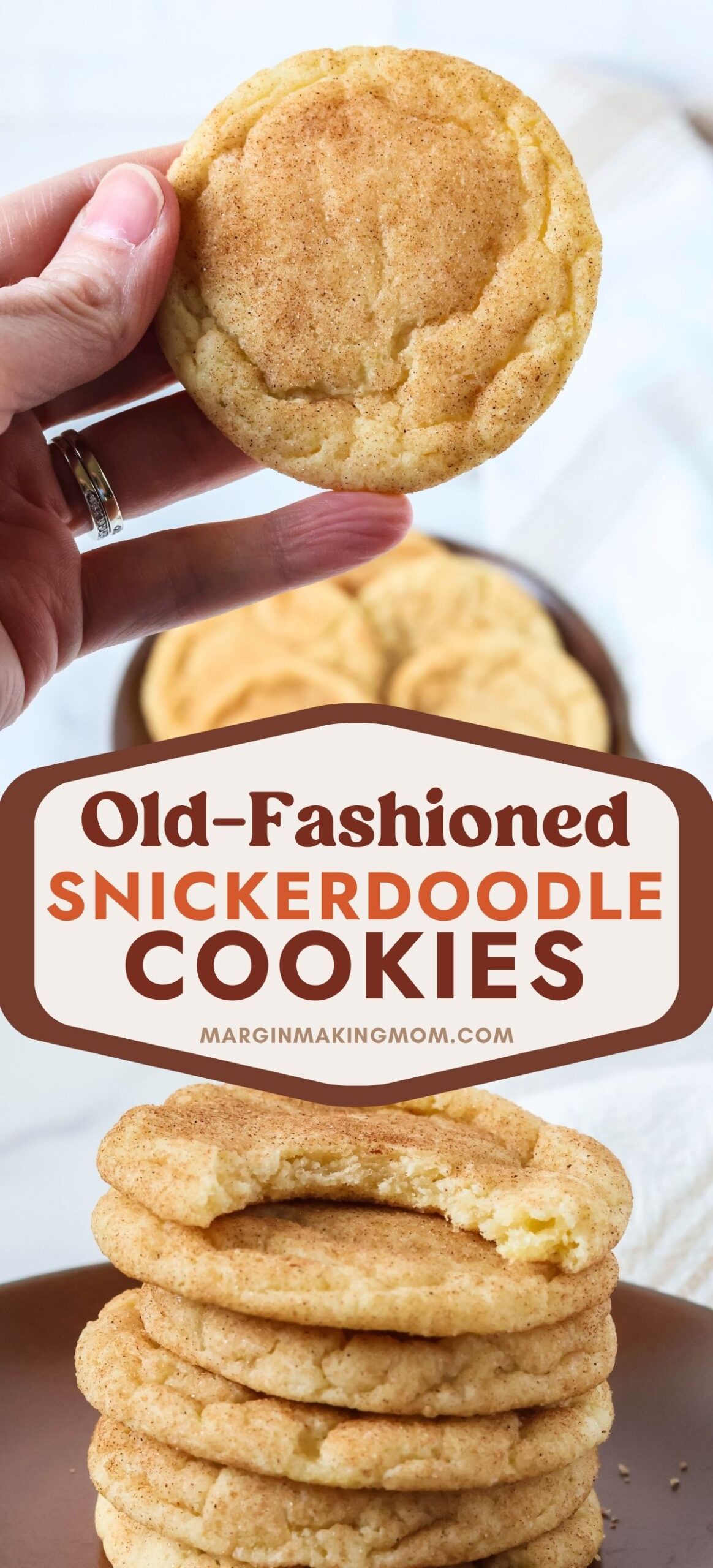 Two photos; one shows a hand holding a sickerdoodle cookie; the other shows a stack of cookies with a bite taken out of the top cookie.