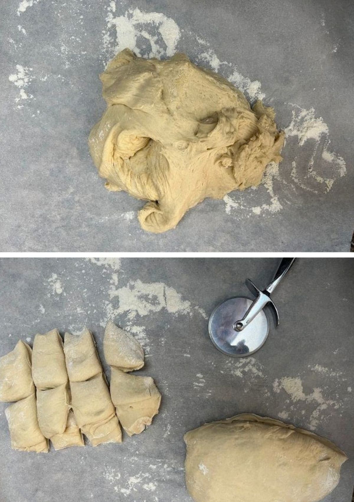 Two photos; one shows dough for yeast rolls on a floured surface; the other shows the dough cut into pieces using a pizza cutter.