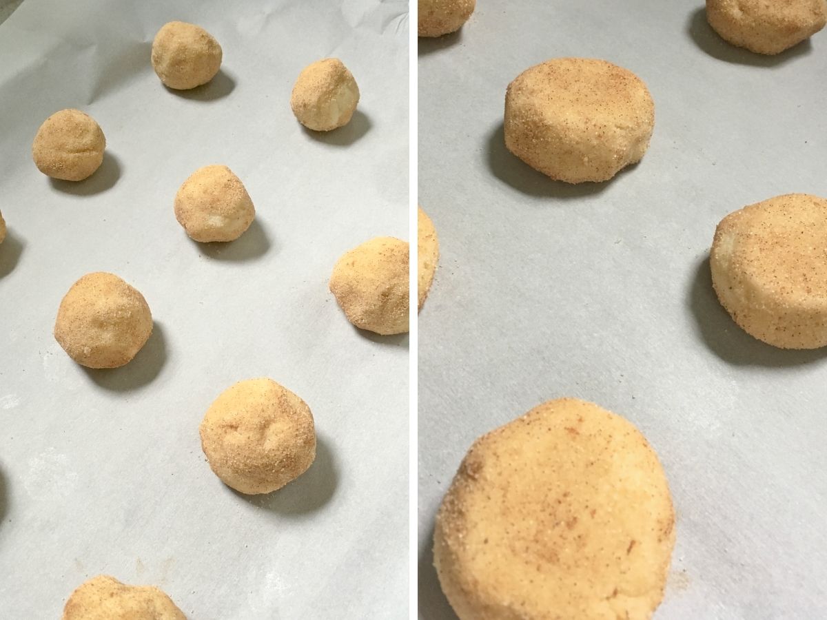 two photos; one shows snickerdoodle cookie dough balls on a parchment-lined baking sheet; the other shows the balls slightly flattened before baking.
