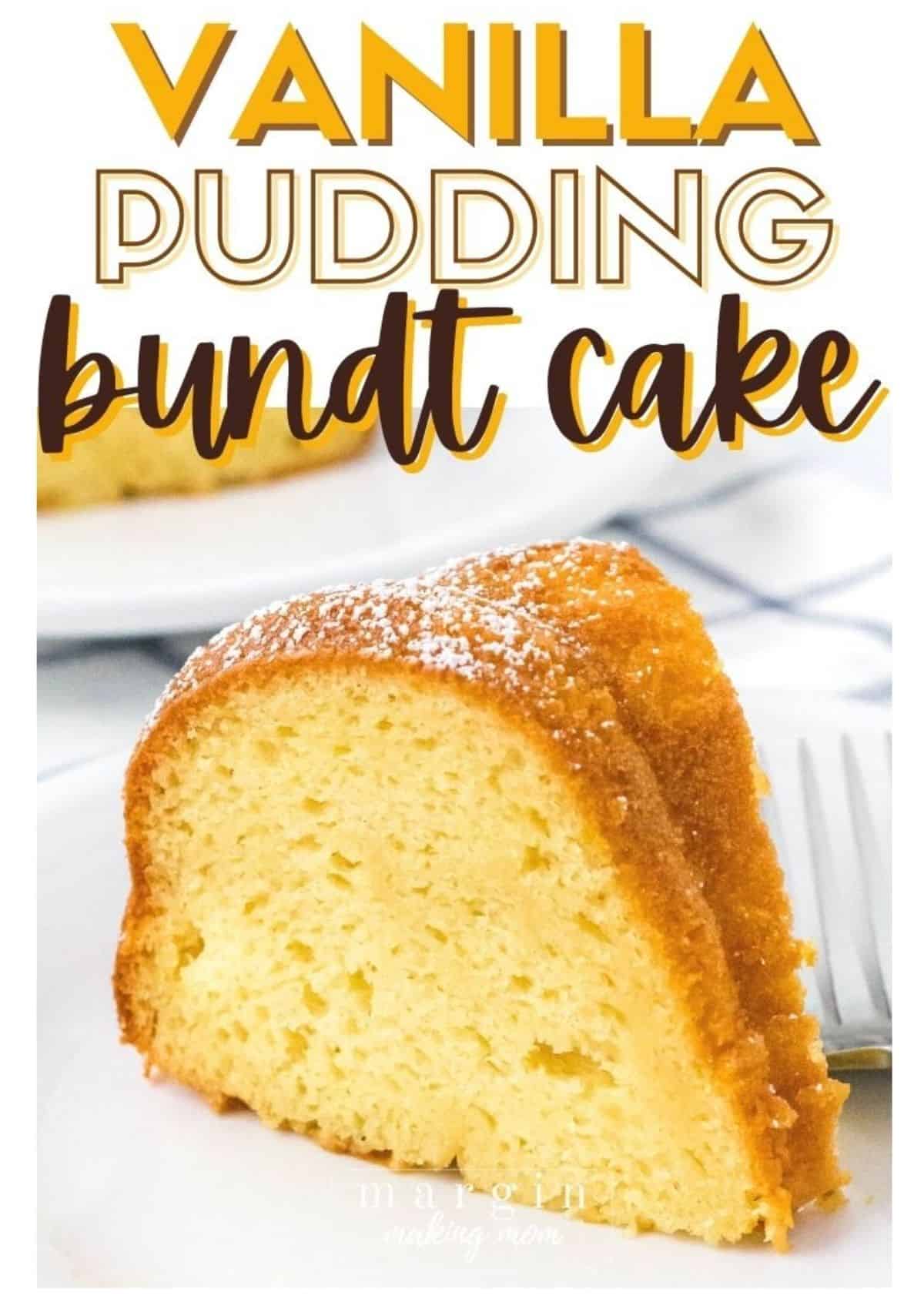 a slice of vanilla pudding cake sits upright on a white plate, with a fork next to it